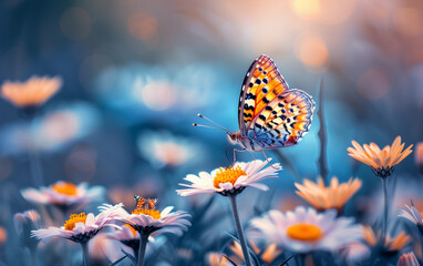 A butterfly is perched on a flower in a field of flowers. The scene is serene and peaceful, with the butterfly being the only living creature in the image. The bright colors of the butterfly
