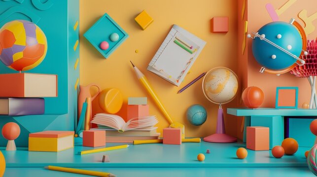 An abstract and vibrant interpretation of kids education in 3D       AI generated illustration