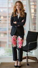 Professional Businesswoman Wearing Bright Pink Floral Trousers. Inappropriate Business Attire. The Wrong Trousers.