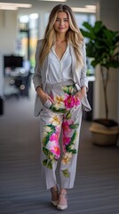 Professional Businesswoman Wearing Bright Pink Floral Trousers. Inappropriate Business Attire. The Wrong Trousers.