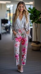 Professional Businesswoman Wearing Bright Pink Floral Trousers. Inappropriate Business Attire. The Wrong Trousers.