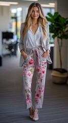 Professional Businesswoman Wearing Bright Pink Floral Trousers. Inappropriate Business Attire. The Wrong Trousers.
