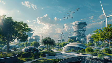 A futuristic city with tall buildings and windmills - obrazy, fototapety, plakaty