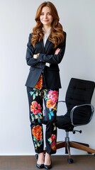 Professional Businesswoman Wearing Bright Pink Floral Trousers. Inappropriate Business Attire. The Wrong Trousers.