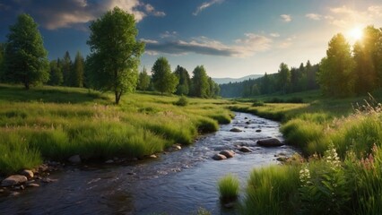 River between meadows and forests  summer
