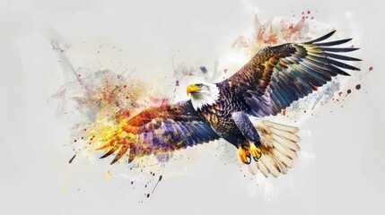 Watercolor-style digital painting of an eagle in flight, feathers detailed with vibrant splashes of color