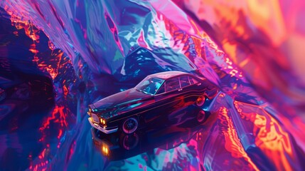 An abstract representation of a car drifting through a kaleidoscopic mirror world       AI generated illustration - obrazy, fototapety, plakaty