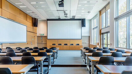 A large classroom with a projector screen and rows of black chairs