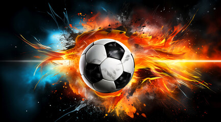 Naklejka premium Football planet concept, white soccer ball amidst explosion of fiery and icy elements, illustrating intense energy and passion associated with football game, ideal for sport theme, social media
