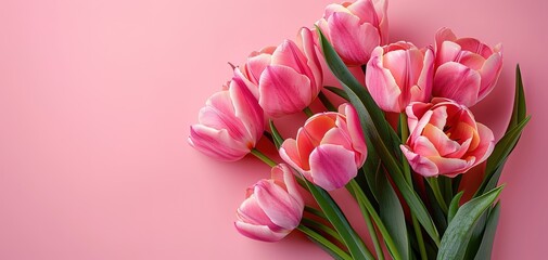 Obraz premium Bouquet of pink tulips on pink background. Mothers day, Birthday celebration concept. Greeting card
