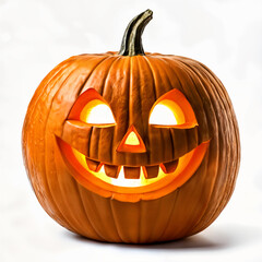 A carved pumpkin with a smiling face, resembling a jack-o'-lantern, against a white background.