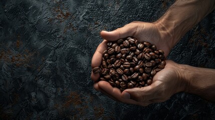Closeup of two hands delicately holding a handful of coffee beans - obrazy, fototapety, plakaty