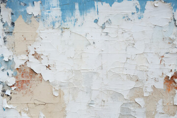 White blue gray peeling painted wall. Old building wall with cracked flaking paint. Weathered rough painted surface cracks and peeling