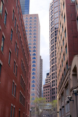 Financial District street with buildings general view in Boston city, american city skyline 