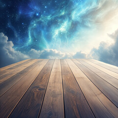 A wooden deck with a view of the night sky, where stars and nebulae fill the background.