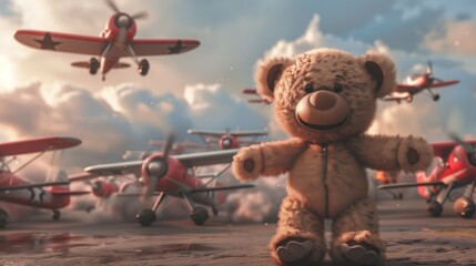 An adorable 3D rendering of a teddy bear leading a squadron of toy airplanes into battle       AI generated illustration