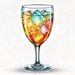A tall, clear glass filled with ice cubes and colorful liquid, placed on a reflective surface.