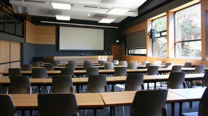 A large classroom with rows of chairs and tables