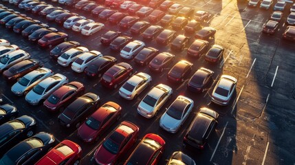 A commercial photography high-angle view of a bustling car dealership parking lot with rows of preowned vehicles parked tightly together