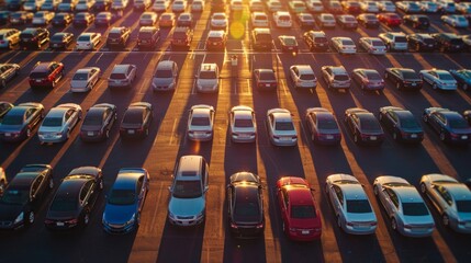 A high-angle view of a bustling car dealership parking lot with rows of parked cars