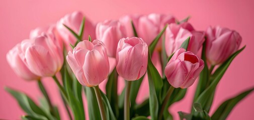 Obraz premium Bouquet of pink tulips on pink background. Mothers day, Birthday celebration concept. Greeting card