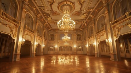 An elegant 3D ballroom with twinkling chandeliers and grand architecture       AI generated illustration