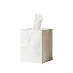 A single tissue paper box with a tissue peeking out from the top set against a transparent background on transparent background