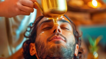 Close-up shot of an Eastern man with long hair and a beard in a spa salon. Aroma oil pours onto your face. Men's cosmetic procedures. Spiritual practice. Banner. Copy space