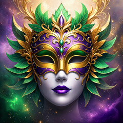 A close-up of a woman wearing a vibrant, intricately designed mask with gold and purple accents, set against a cosmic background.