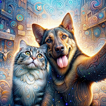 Cat and dog best friends taking a selfie shot illustration creted with generative ai.