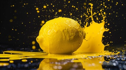 Fresh lemon splashes into water on a black background, creating a vibrant burst of yellow and...