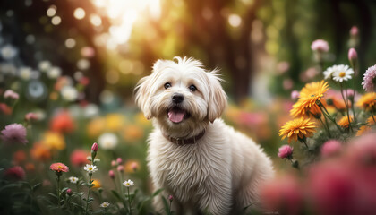 The dog is playing in the garden. Cute dog. Selective focus. AI generated