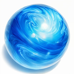 A large, blue marble with swirling patterns and a white center, resting on a flat surface.