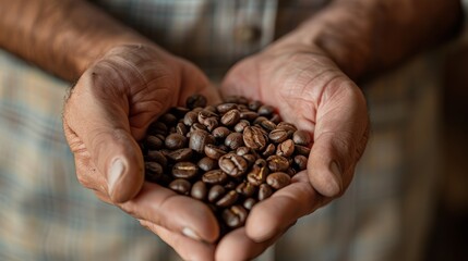 Close-up of a man examining a handful of premium coffee beans in his hands