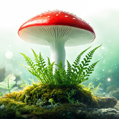 A vibrant red mushroom with white gills, surrounded by lush green ferns and moss, set against a backdrop of a serene underwater scene.