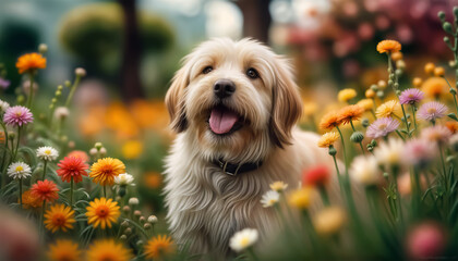 Dog is playing in the garden. Lovely dog. AI generated