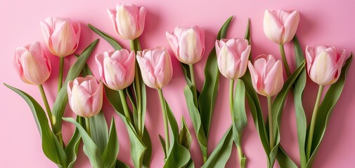 Bouquet of pink tulips on pink background. Mothers day, Birthday celebration concept. Greeting card - 794405164