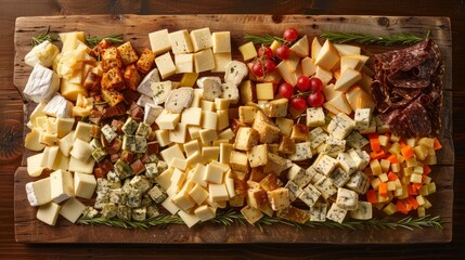 A variety of artisanal cheeses arranged on a wooden cutting board