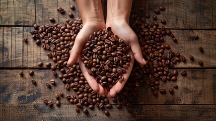 Overhead view of hands forming a heart shape with coffee beans, showcasing the warmth and love associated with coffee - Powered by Adobe