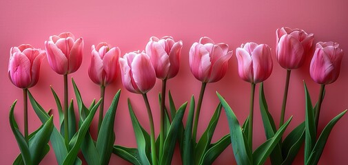 Bouquet of pink tulips on pink background. Mothers day, Birthday celebration concept. Greeting card - 794405366