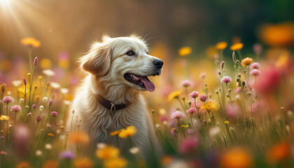 Dog in the meadow. Cute dog plays among the flowers. AI generated