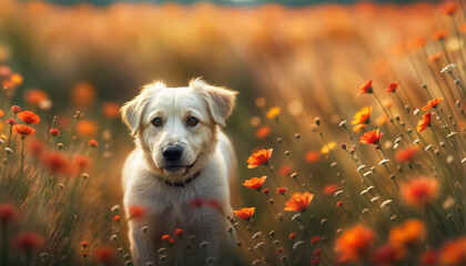 Dog in the meadow. Cute dog playing among flowers. AI generated