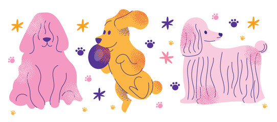Cute dogs doodle vector set. Cartoon dog or puppy characters design collection with flat color in different poses. Set of funny pet animals isolated on white background
