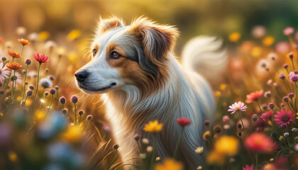 Dog in the meadow. The dog plays among flowers at sunset. Selective focus. AI generated