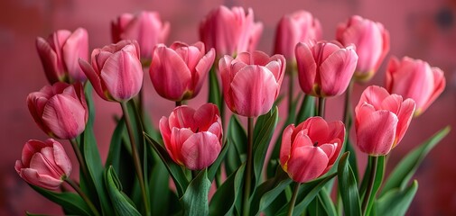 Bouquet of pink tulips on pink background. Mothers day, Birthday celebration concept. Greeting card - 794405716
