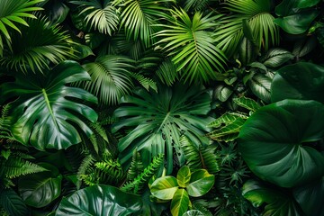 lush canopy of green leaves with a variety of shades and textures, highlighted by a subtle ray of sunlight