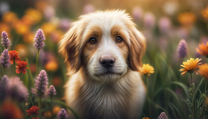 Dog in the meadow. Dog plays among flowers at sunset. AI generated