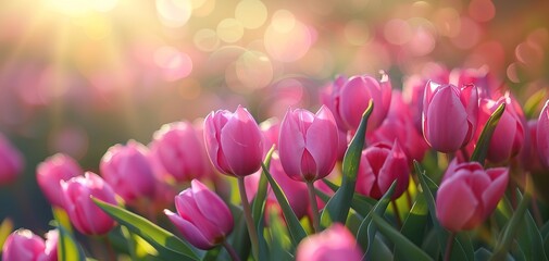 Pink tulips in pastel coral tints at blurry background, closeup. Fresh spring flowers in the garden - 794405932