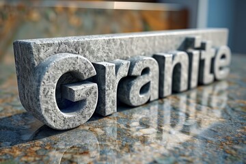 Close shot of a 'Granite' sign on a kitchen countertop