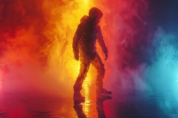 Fototapeta na wymiar Human body silhouette against flames during performance art event